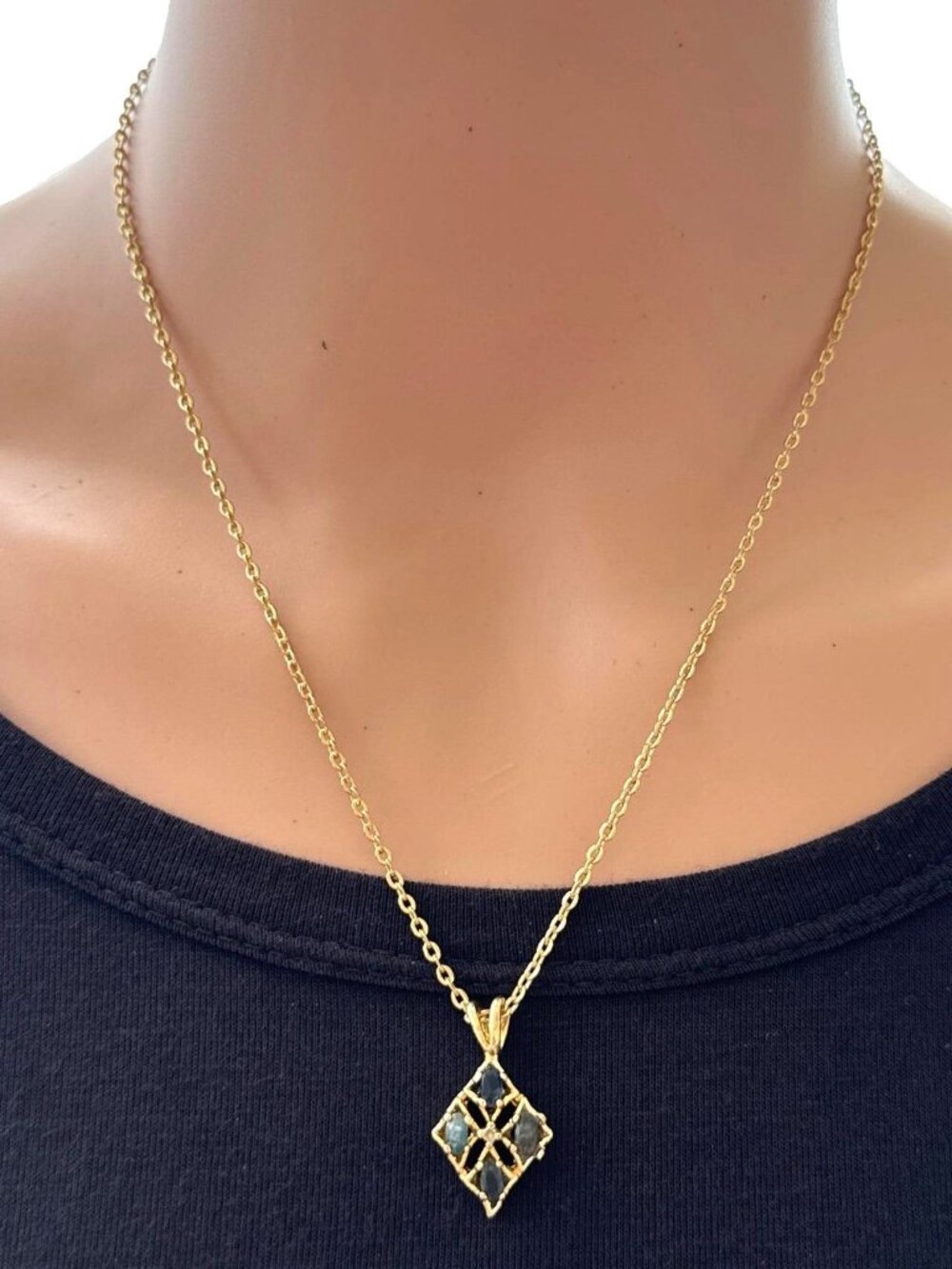 Gold-Tone Necklace With Diamond-Shaped Pendant Featuring Blue Gemstones Lobster
